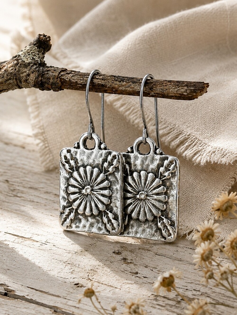 Antique Silver Flower Earrings Rustic Minimalist Garden Vintage Hand Crafted